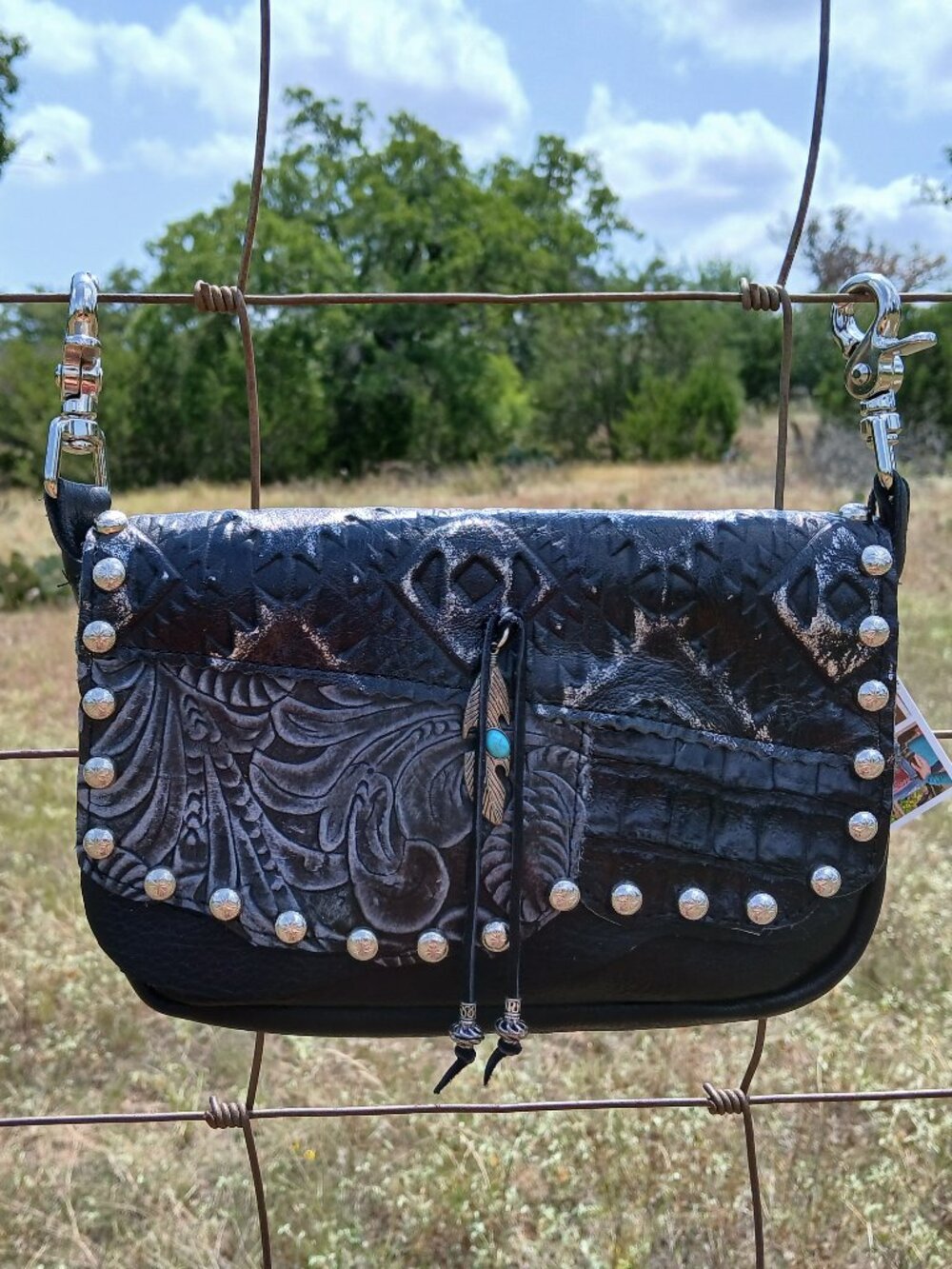 Black Embossed Leather Hip Bag — Turquoise Feather Charm & Silver Studs